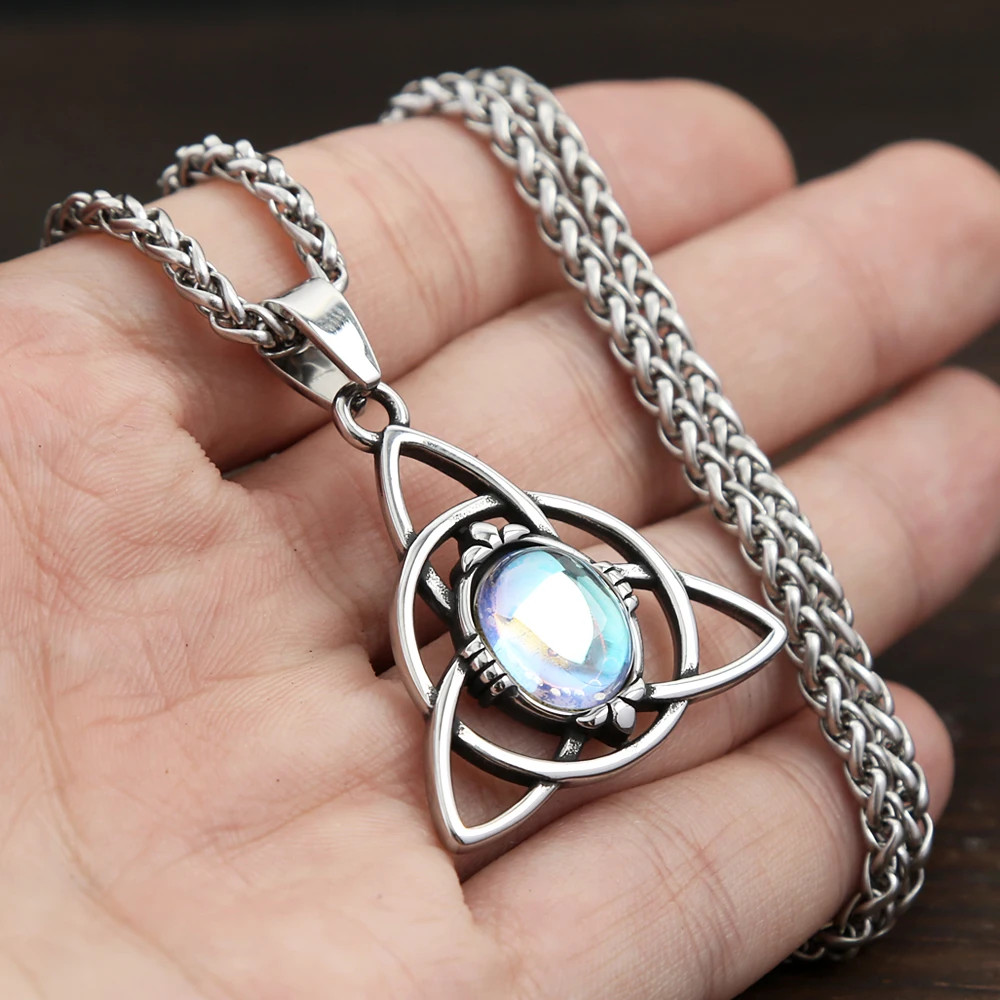 Viking Trinity Knot Necklace Stainless Steel Opal Pendant Norse Amulet Men Women