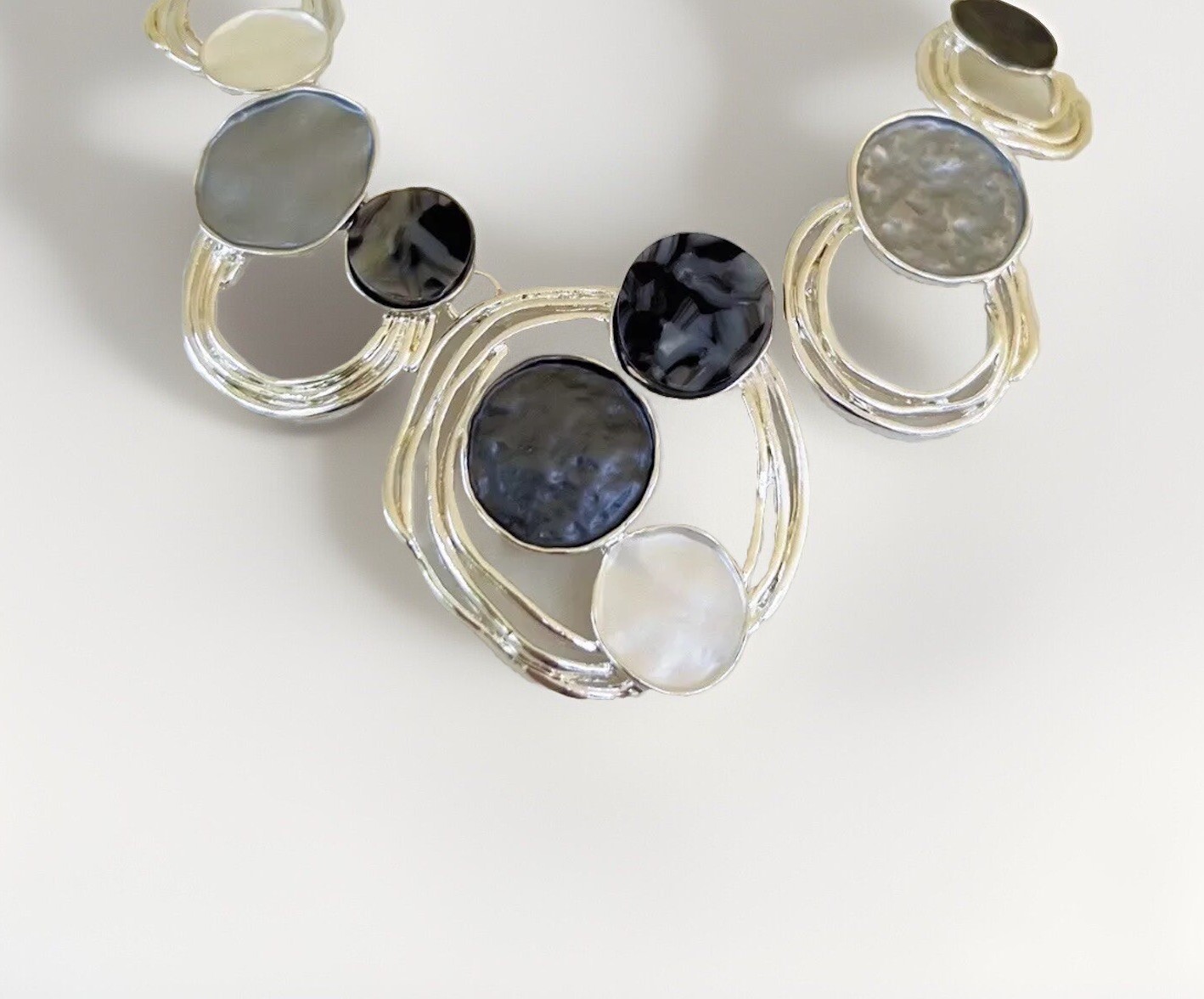 Silver Round Chunky Necklace Set Earrings Silver Black Gray Womens Jewelry