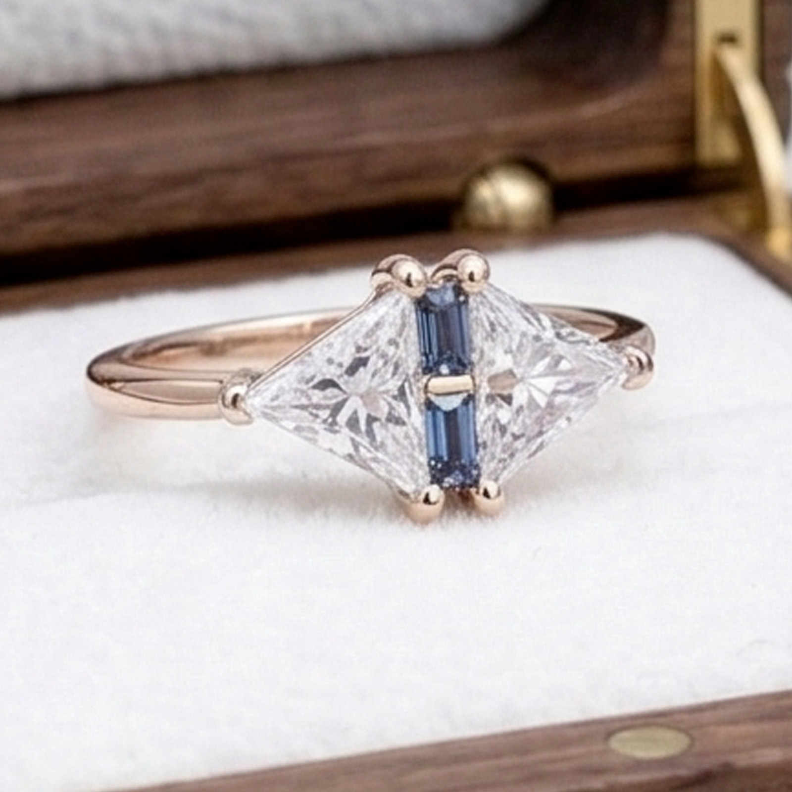 925 Sterling Silver Kite Cut Moissanite & Baguette Sapphire Handmade Ring