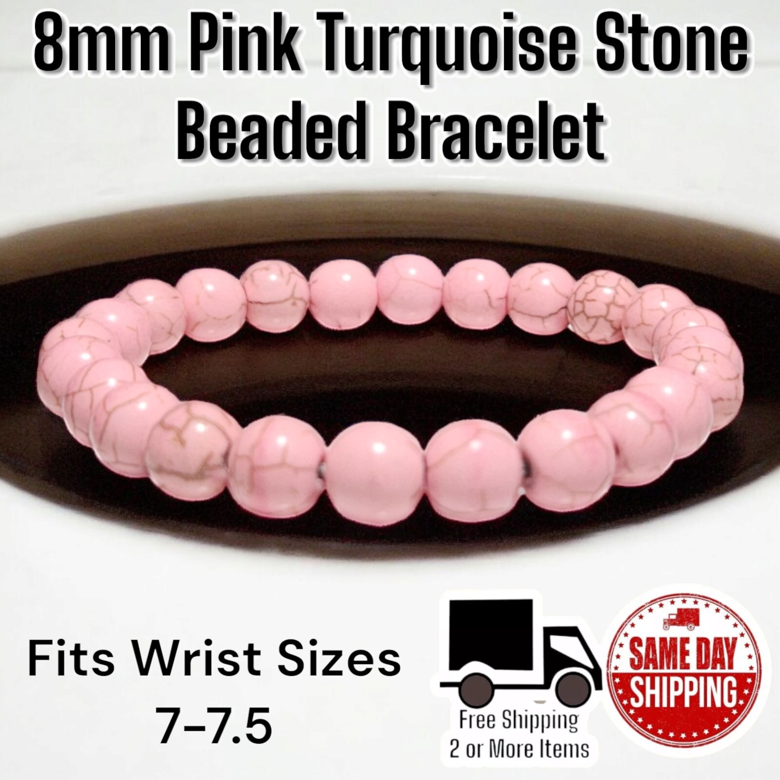 Pink Turquoise 8mm Stretch Healing Beaded Bracelet Sz 7-7.5″