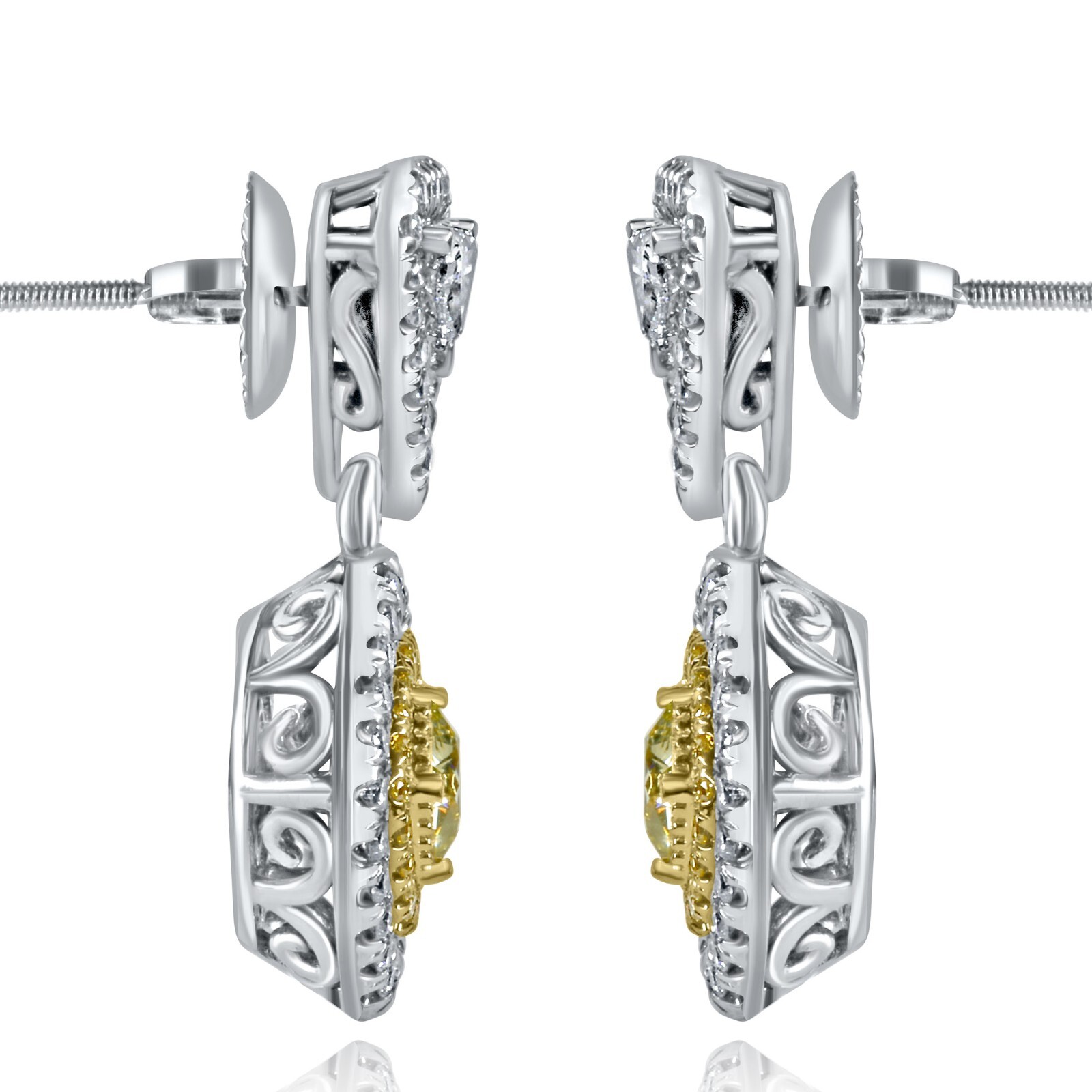 Drop Dangle Earrings 1.62 TCW Cushion Trillion Yellow Diamond 14k White Gold