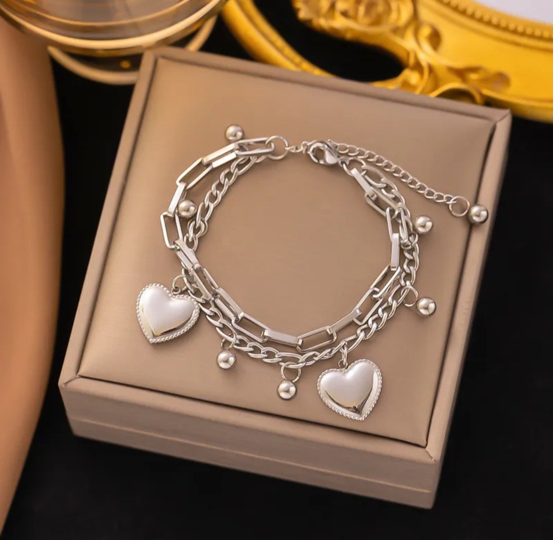 Silver Oval Link Chain Heart Dangle Charm Adjustable Metal Bracelet Lobster Clo…