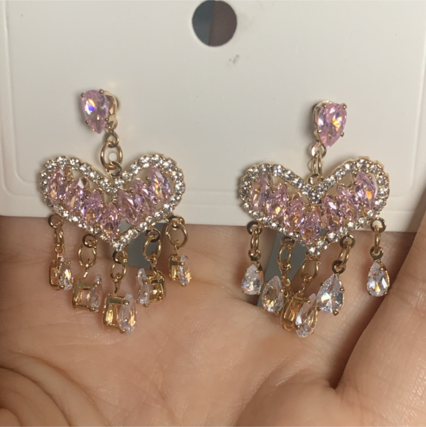 Gold Tone Pink Heart Rhinestone Chandelier Dangle Drop Earrings, Butterfly