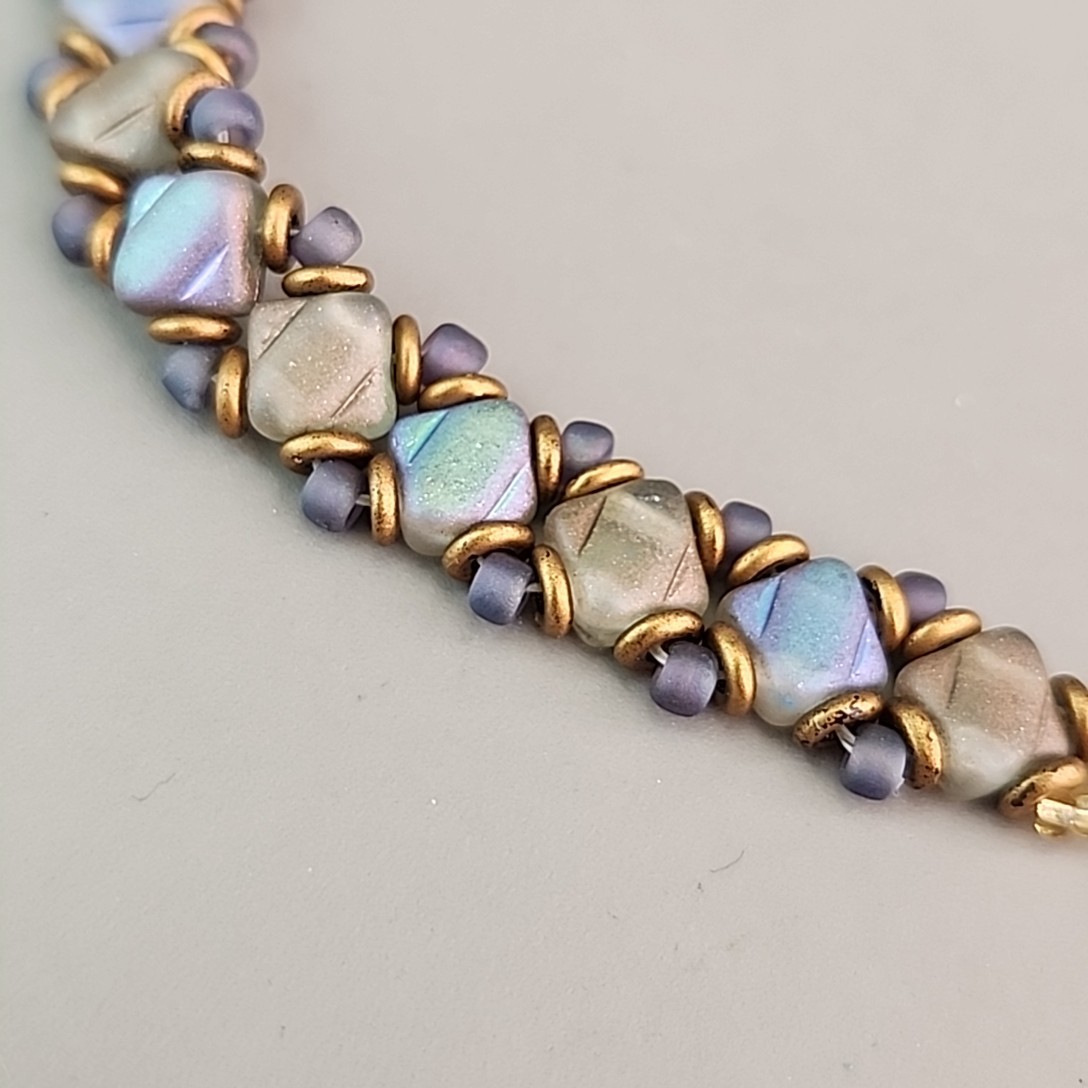 Glass Beaded Bracelet Weaved Frosted Iridescent Multicolor Snap Clasp 6.25″