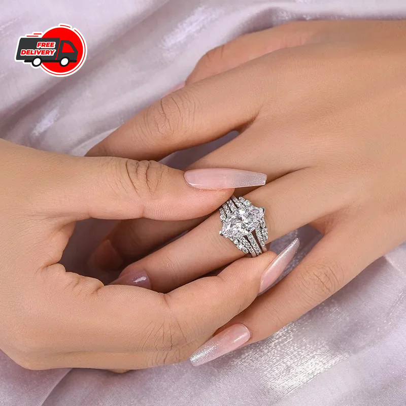 Fashion Woman White Plated Oval CZ Sparkling Band Ring Wedding Engagement
