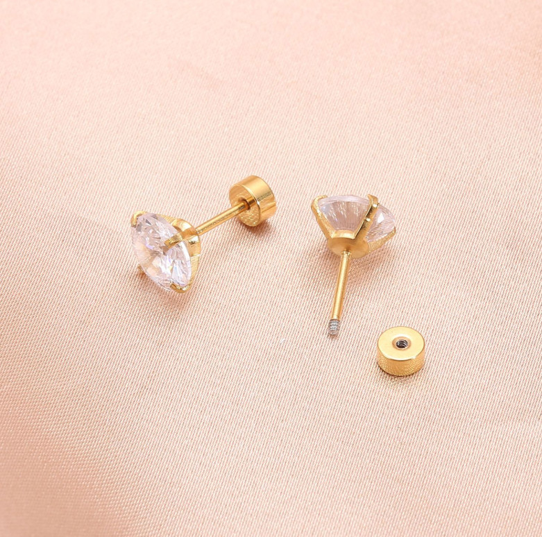Hypoallergenic Gold-tone Stainless Steel Round CZ Stud Earrings Screw Back PE31