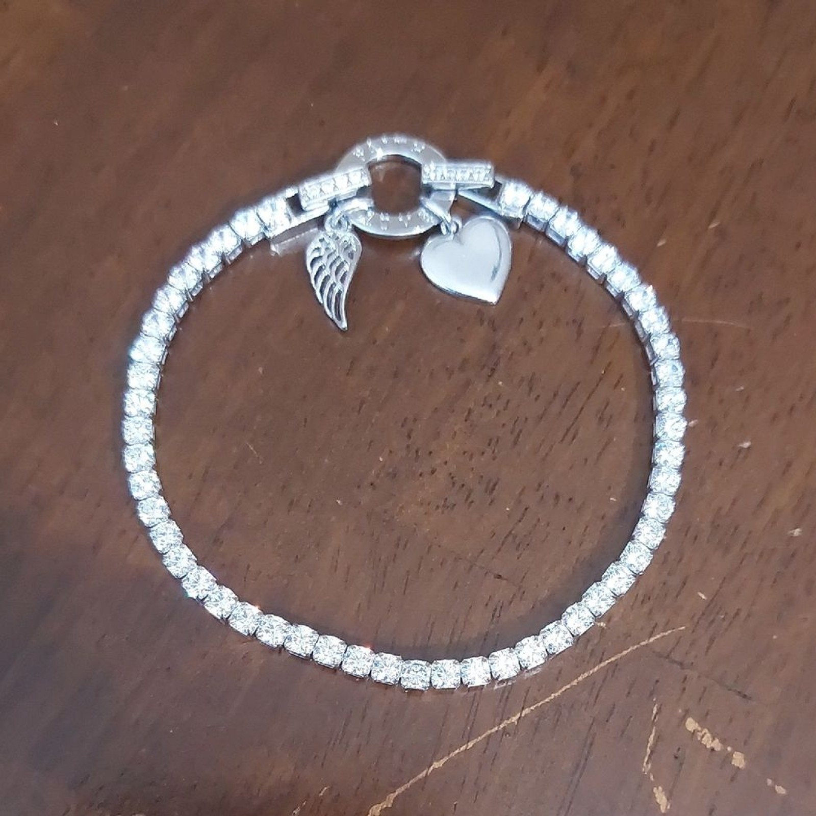 IBB CN Stamped Cubic Zirconia Tennis Bracelet Wing Heart Charms Faith Love