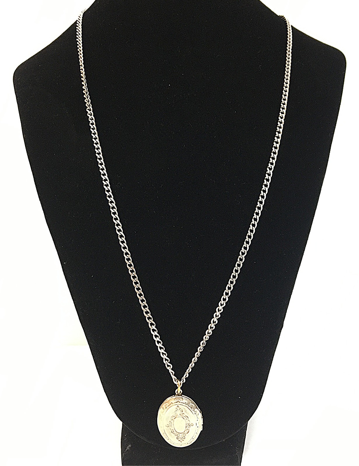 Oval Etched Silver Tone Locket Pendant Chain Necklace Vintage