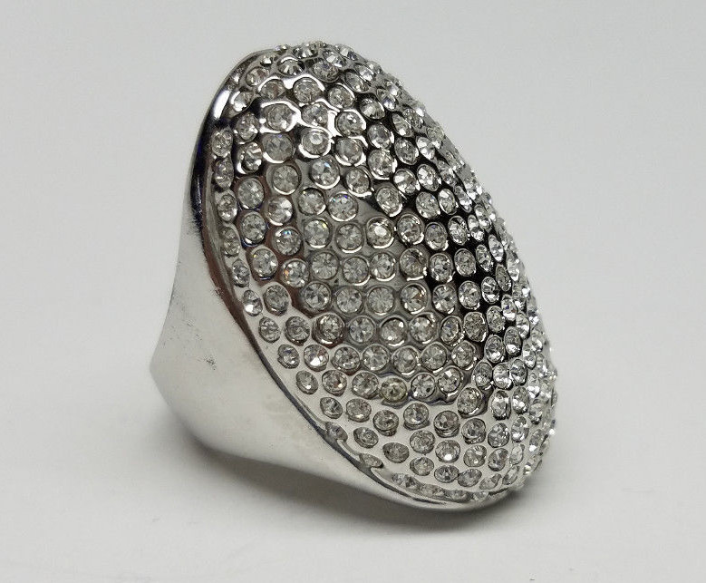 BIG BEAUTIFUL OVAL SILVER FASHION RING SPARKLING CRYSTAL STONES Lady Girl SIZE 6