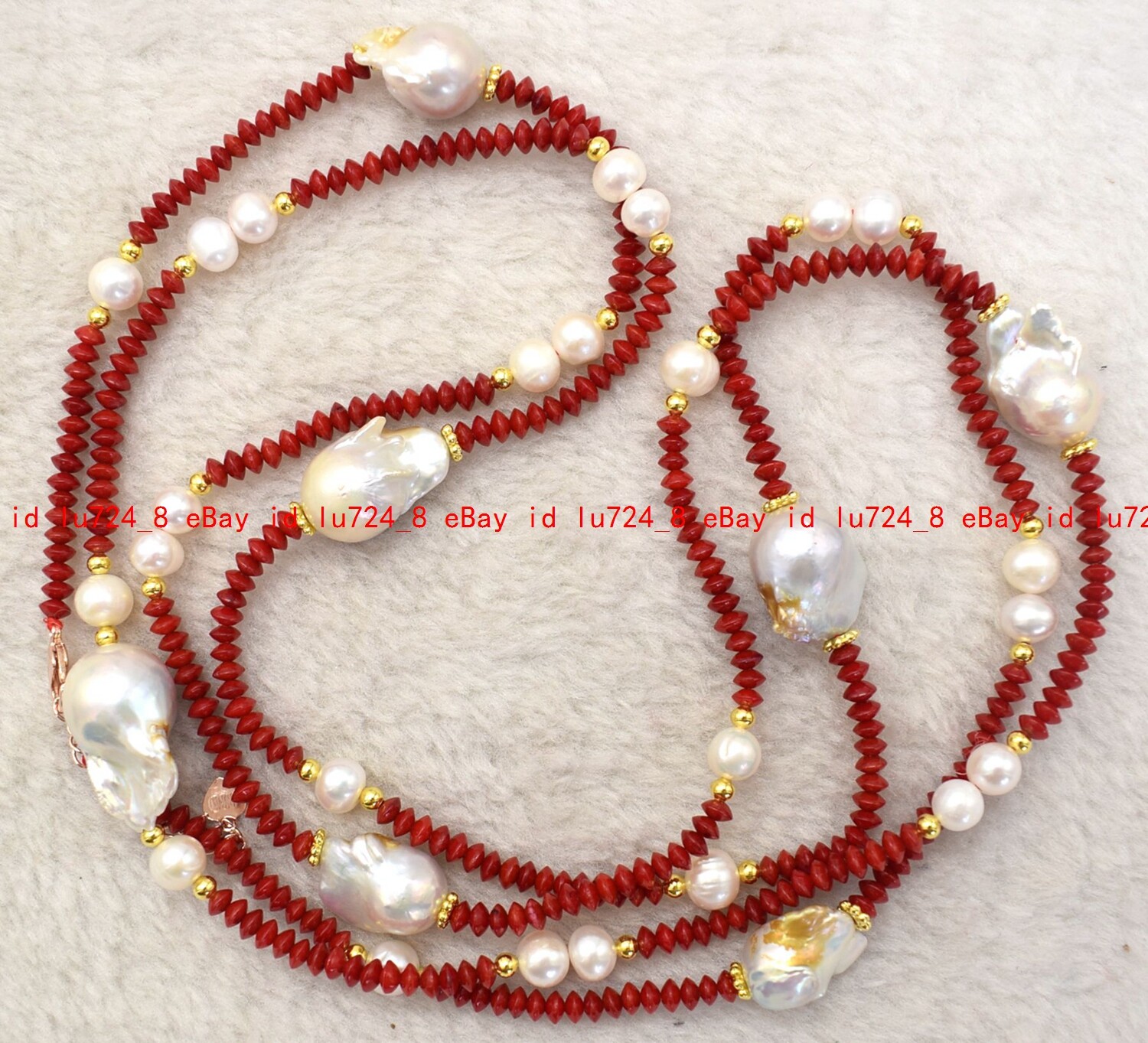 2x4mm Red Coral Gem Rondelle Beads &Natural White Baroque Pearl Necklace 50″