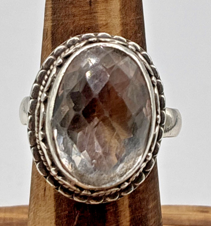 Sterling Silver Large Faceted Clear Stone Ring Size 8 Ornate Band 9.1g Bargain