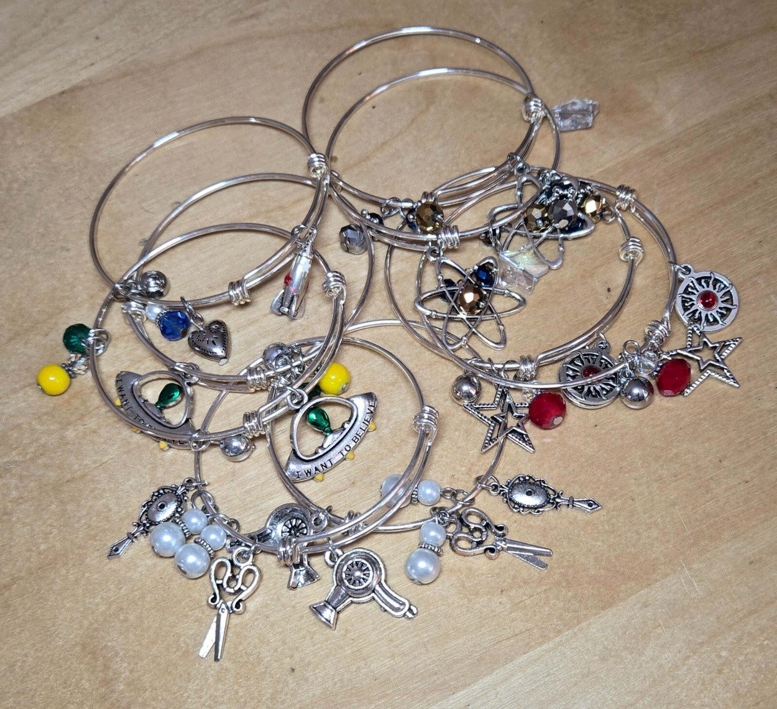 Bangle Bracelet Lot Hairdresser charm Science Alien Rocket Star Handmade 8 pc