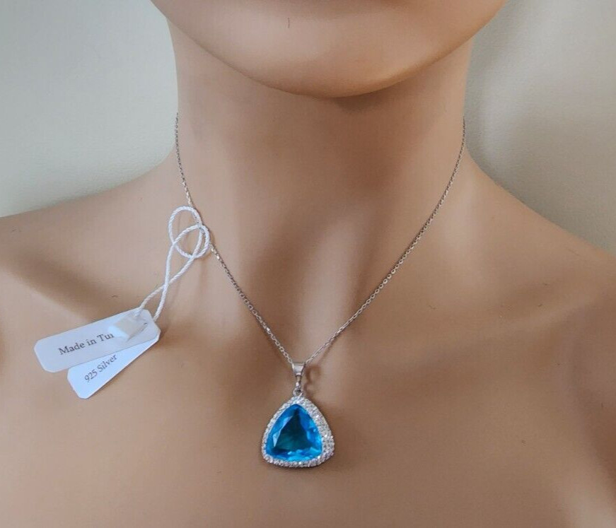 Large Triangular 1.5 in Pendant Pave CZ 925 Silver Blue White Crystal Turkey NW