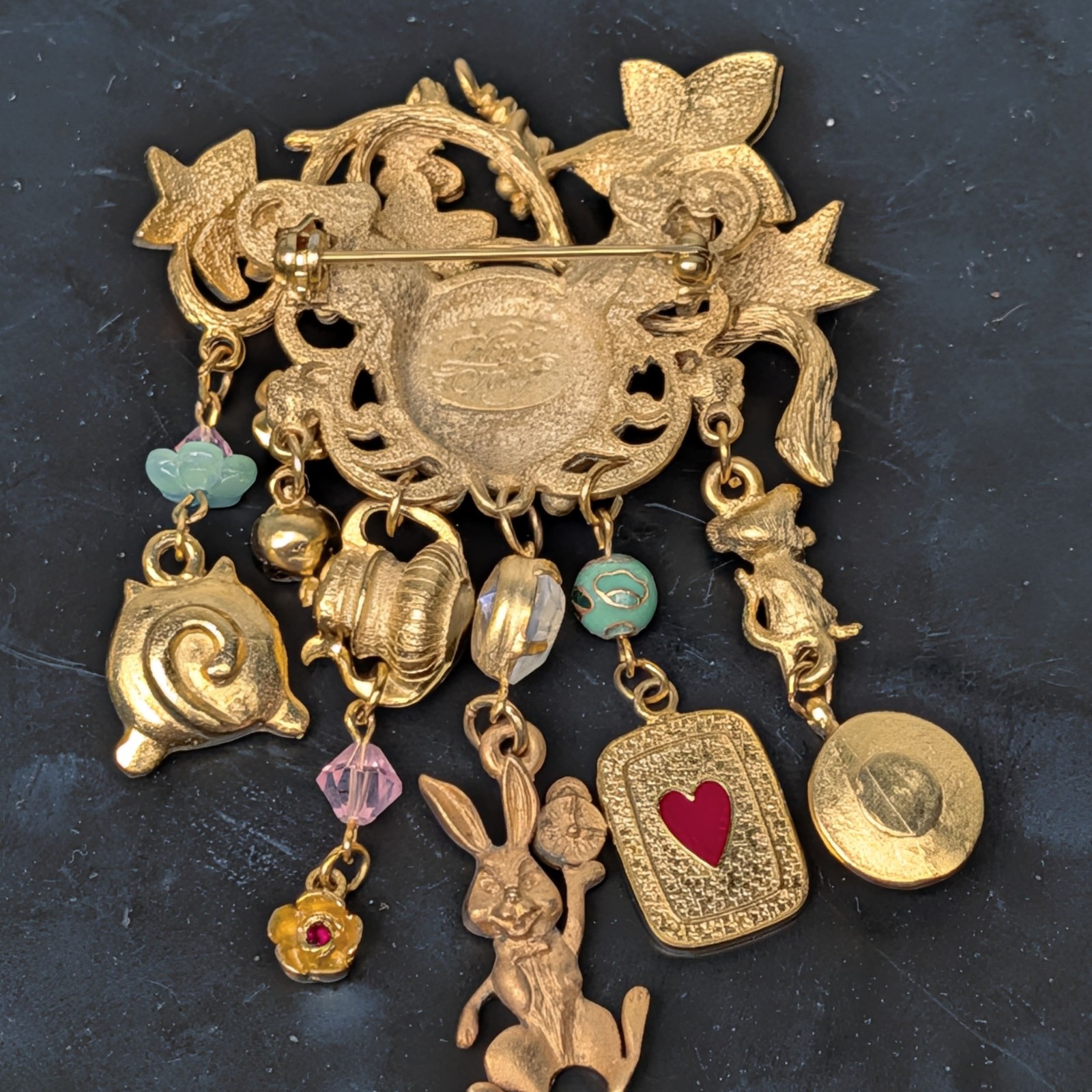Kirks Folly Alice In Wonderland Cheshire Cat Gold Brooch Pin 6 Charms â­