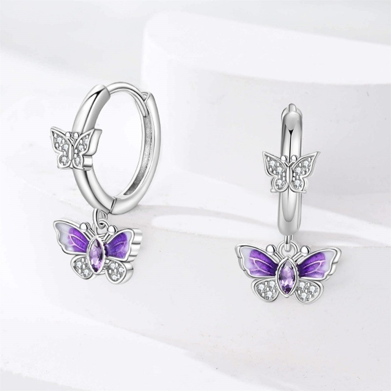 PANDACH 925 Sterling Silver Purple Butterfly Earrings For Women Drop Earrings