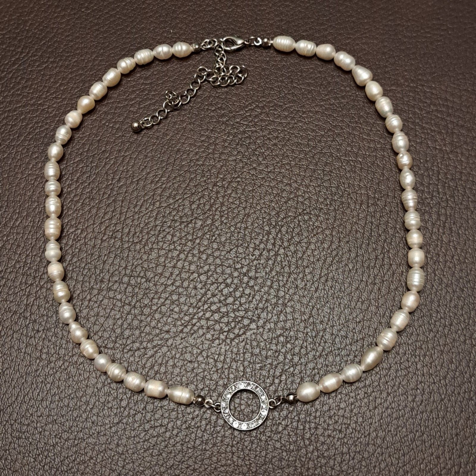 Natural Pearl Necklace With Silver Tone Centerpiece Rhinestones One Strand