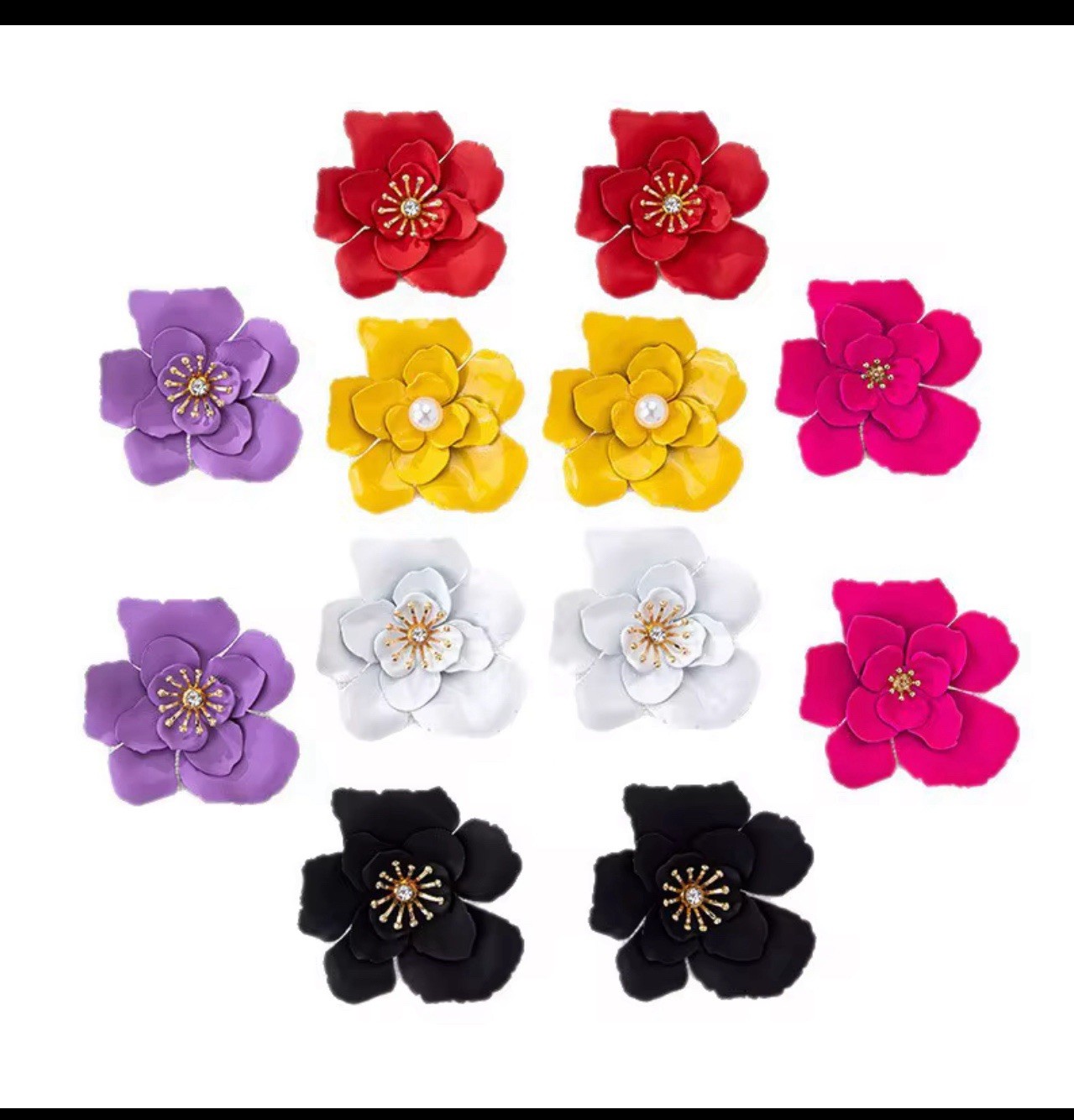 Multicolor Flower Stud Earrings White Simulated Pearl Round Center Crystal