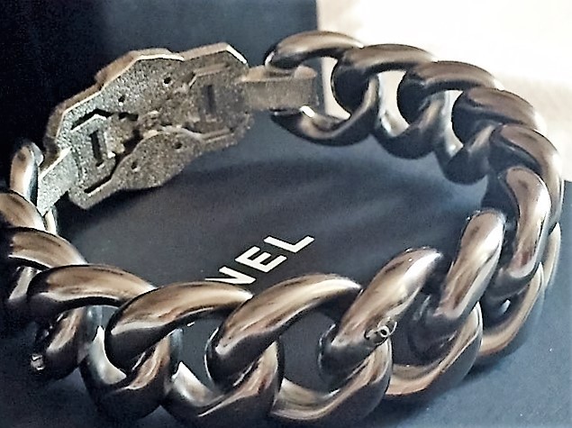 CHANEL DECO CRYSTAL RUTHENIUM CHAIN BANGLE CUFF BRACELET STYLE & EDGE NEW ITALY