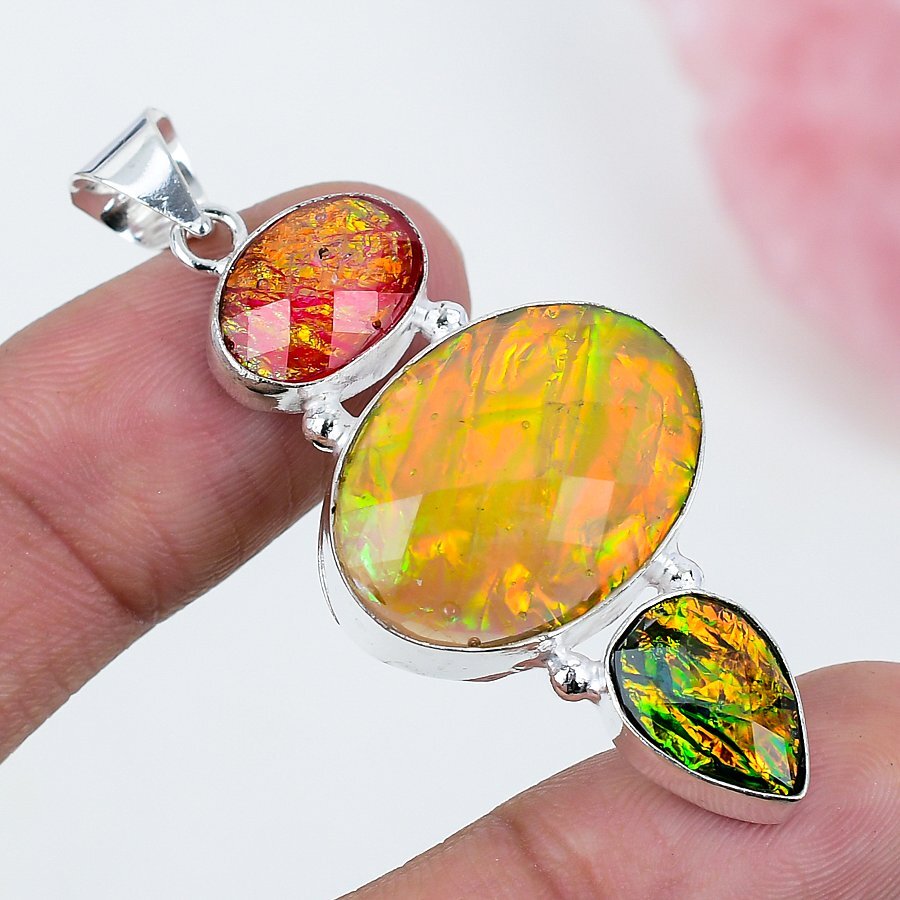 Color Enhanced Opal Tripplet 925 Silver Plated Handmade Pendant of 2.26″