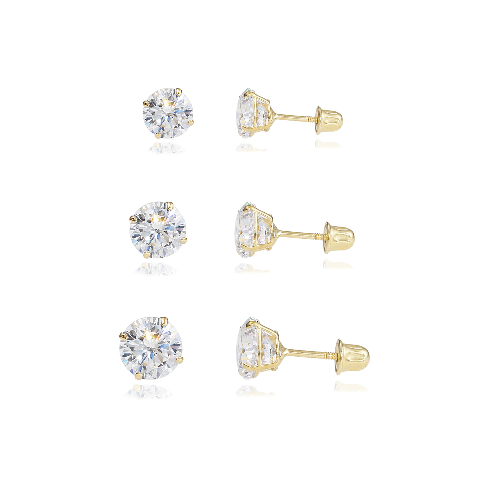 Set of 3! 14K Real Solid Gold Solitaire Round CZ Sleeper Stud Earrings Screwback