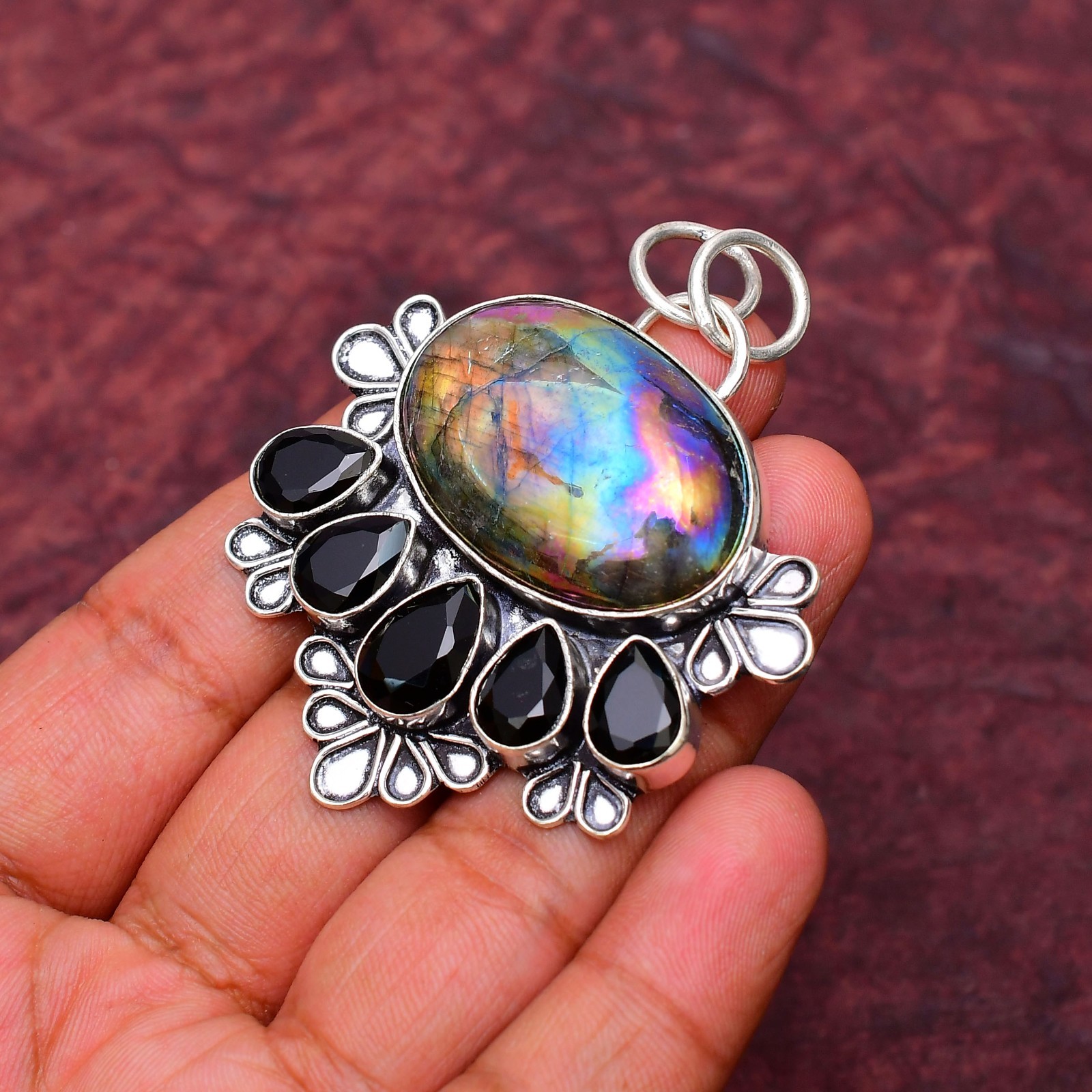 Multi Labradorite Gemstone 925 sterling silver Handmade Pendant 2.16″
