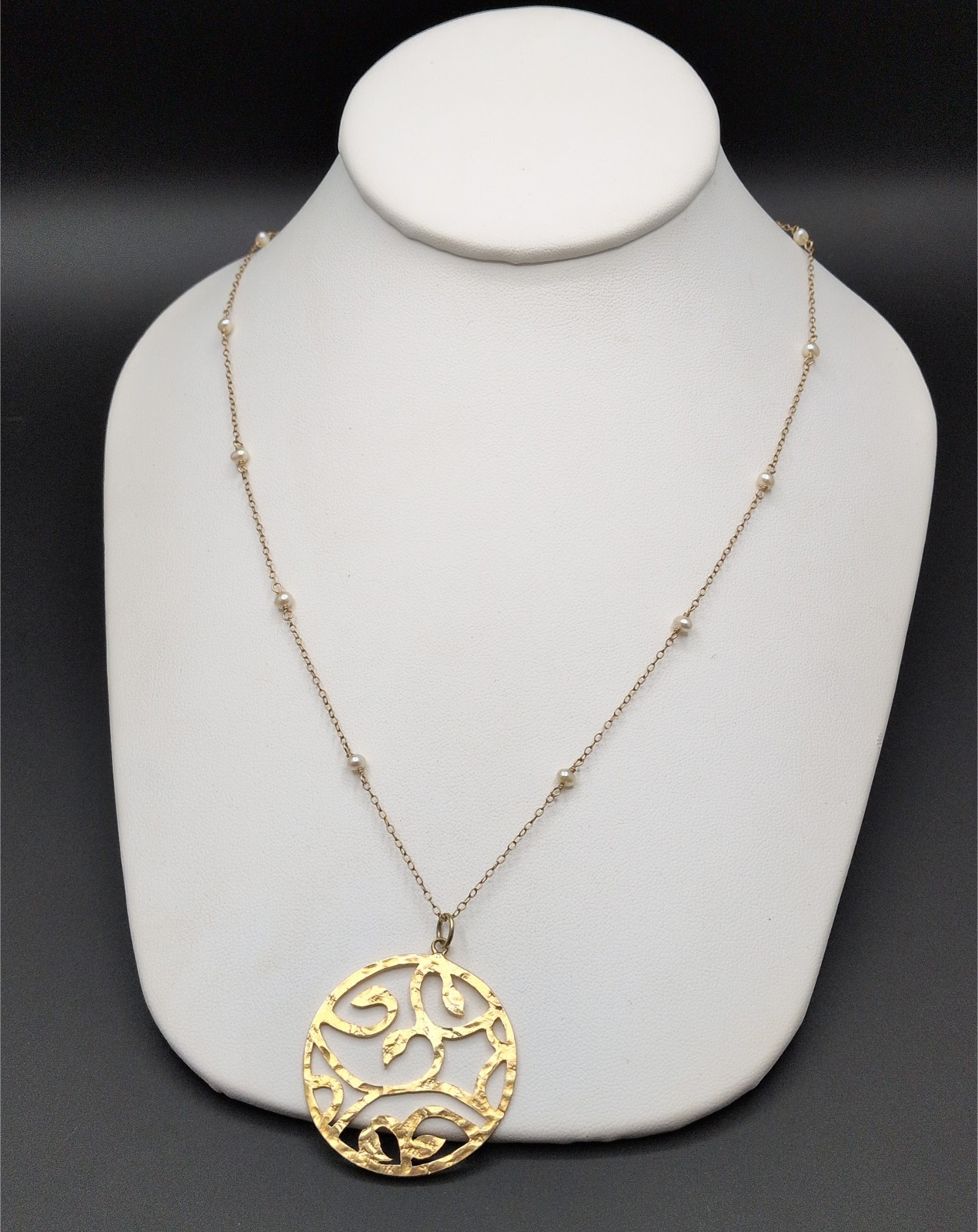 Necklace F.LD. Gold Filled 14/20 Open Work Round Vine Pendant Pearl Accent Beads