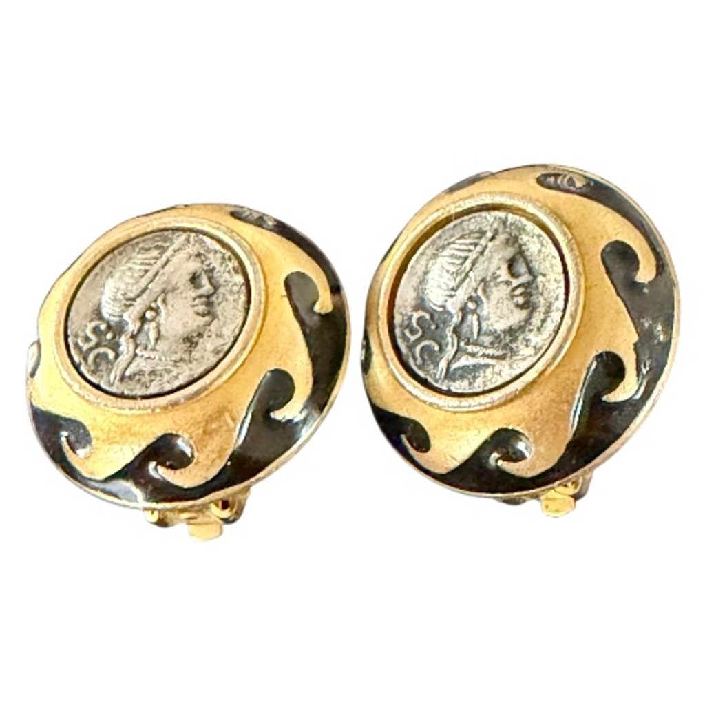 Linda Levinson Women’s Vintage Stamped Clip-on Roman /Greek Motif Coin Earrings