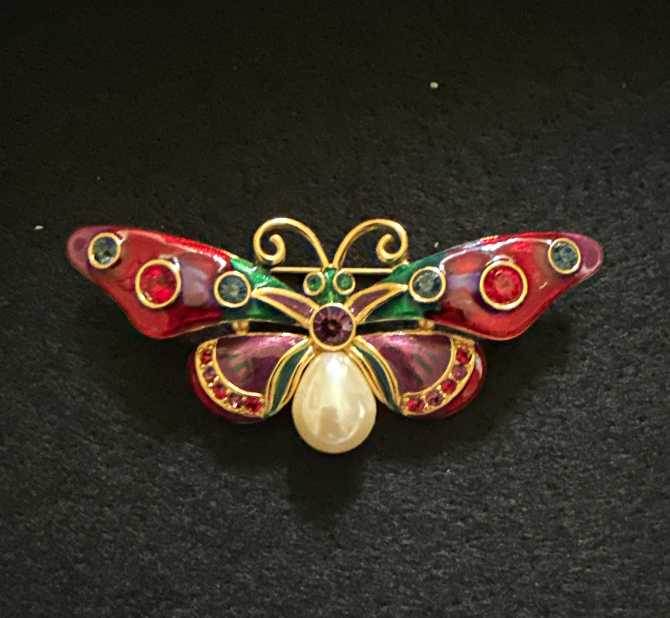Vintage Joan Rivers Enamel Rhinestone Faux Pearl Huge Butterfly Pin Brooch