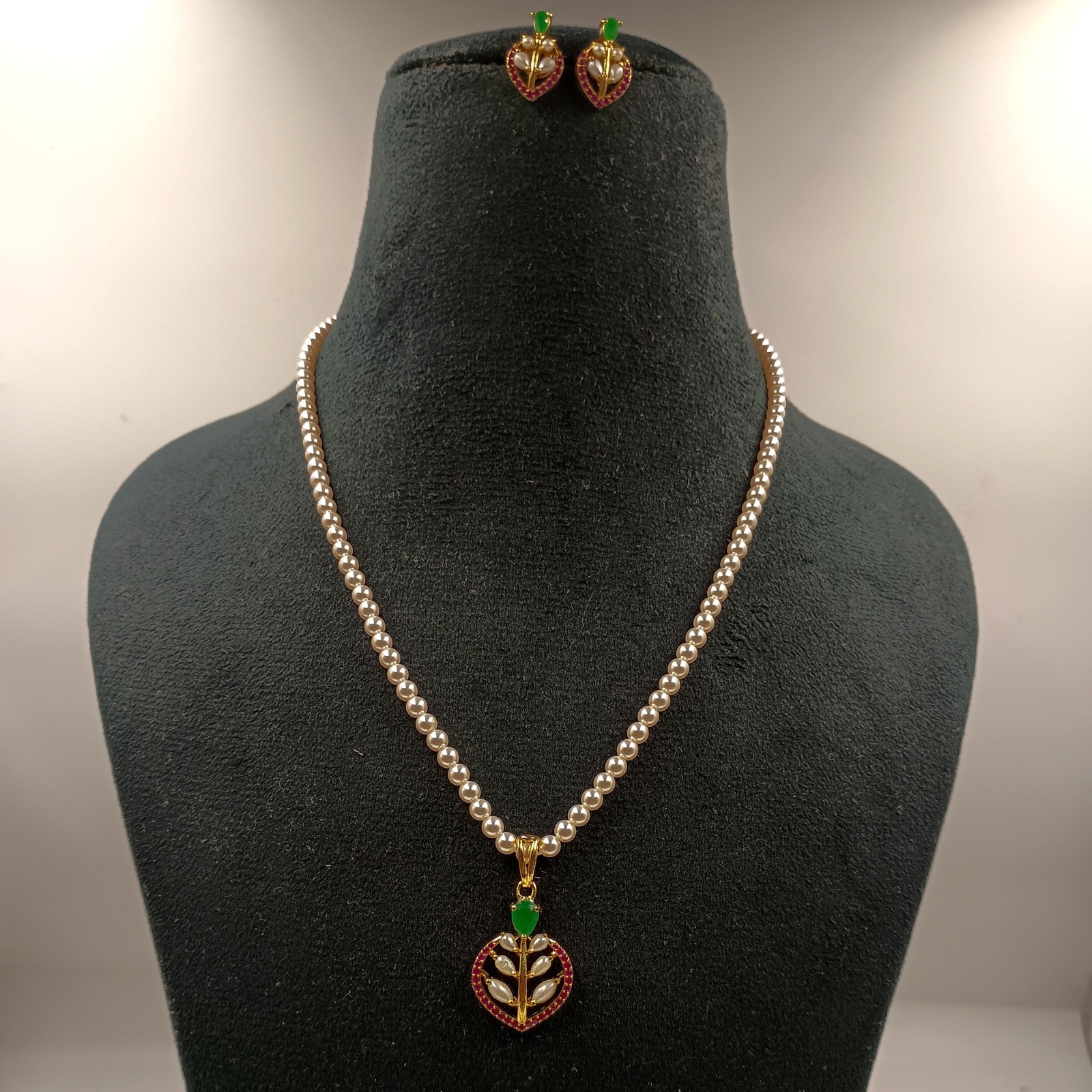 Ruby Emerald Pearl Pendant Set, 22k Gold Plated Traditional Indian Wedding Jewel
