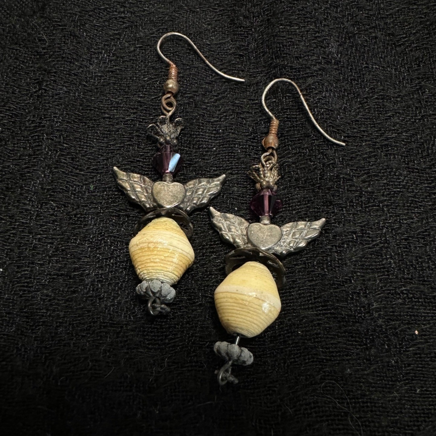 Angel Drop Earrings Cream Antiqued Silver Tone Purple Whimsigoth
