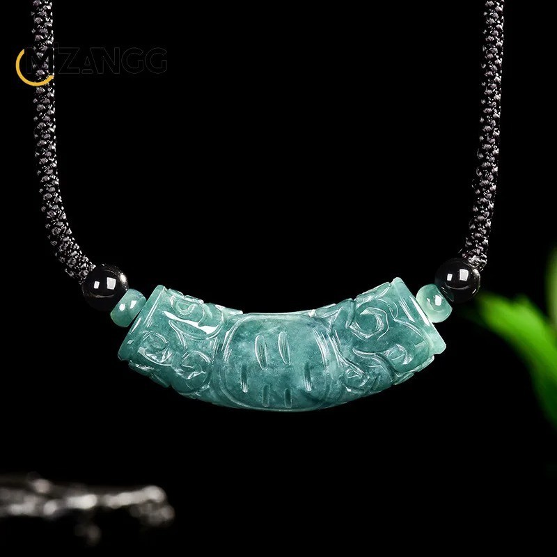 New Natural Grade A Jade Blue Green Jadeite 福 Tube Pendant Necklace