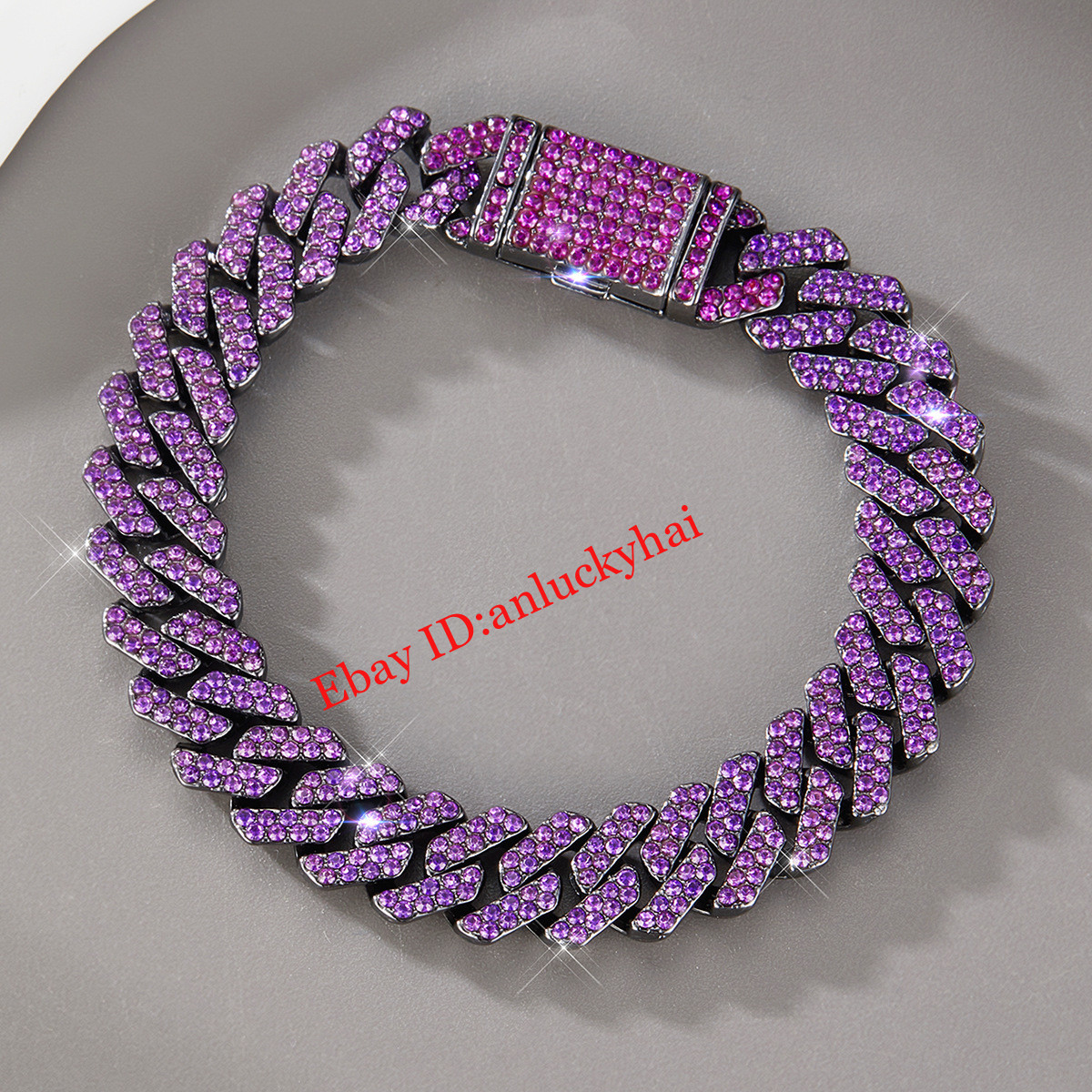 Cuban Chain Alloy Full Diamond Purple Hip Hop Bracelet Men’s Rap Cool Necklace