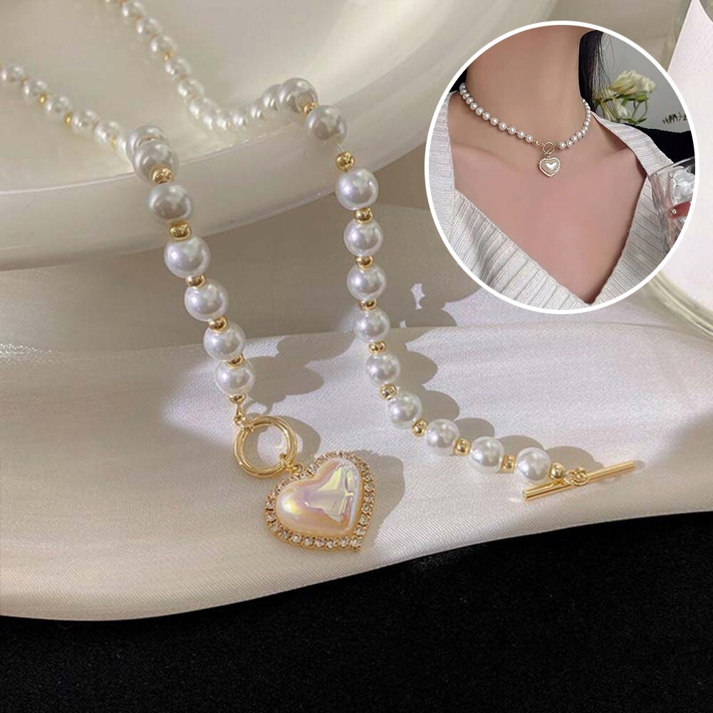 Heart Pendant Necklace Pearl Choker Korean Style Elegant Clavicle Chain Jewelry