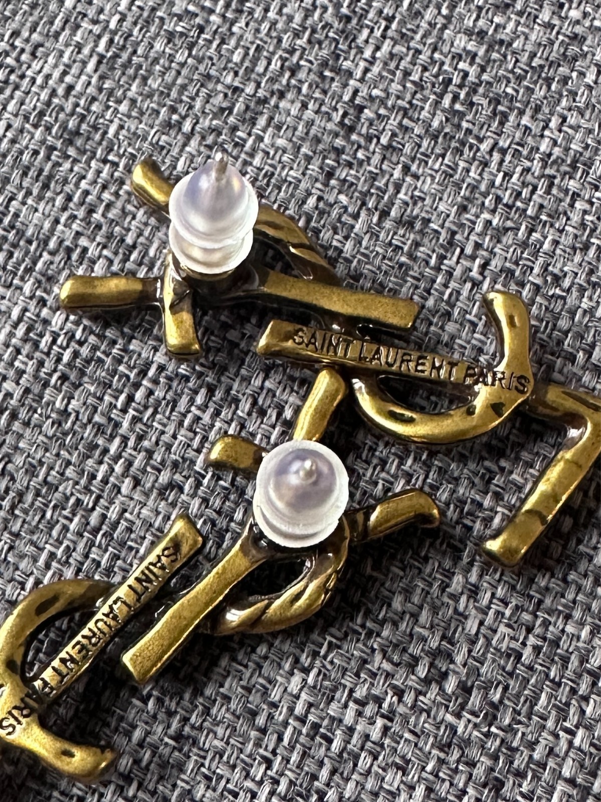 Saint Laurent YSL Monogram Logo Stud Earrings Gold Tone Statement Jewelry