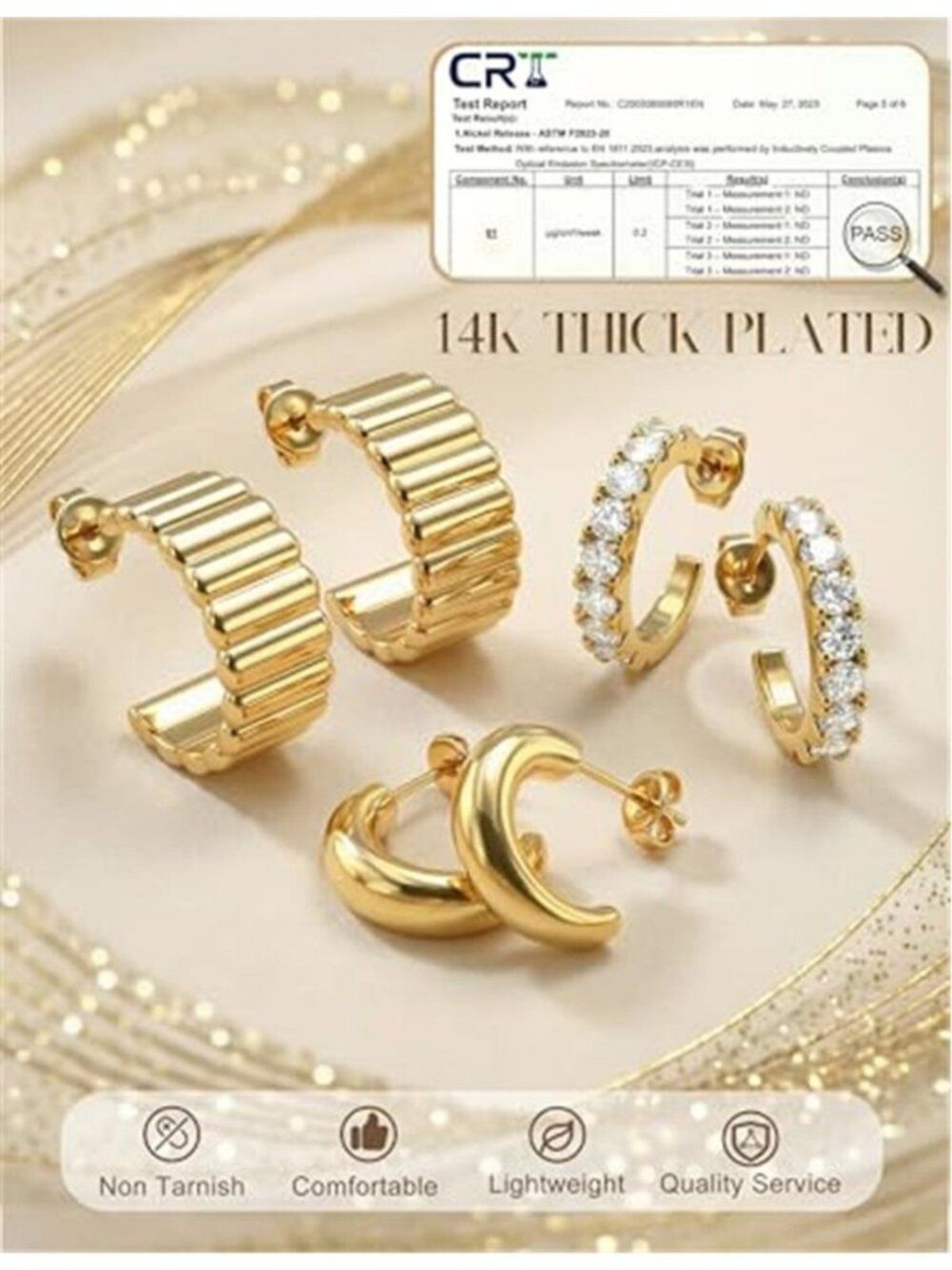 3 Pairs 14K Gold Plated Hoop Earrings Stacks for Women Hypoallergenic Huggie