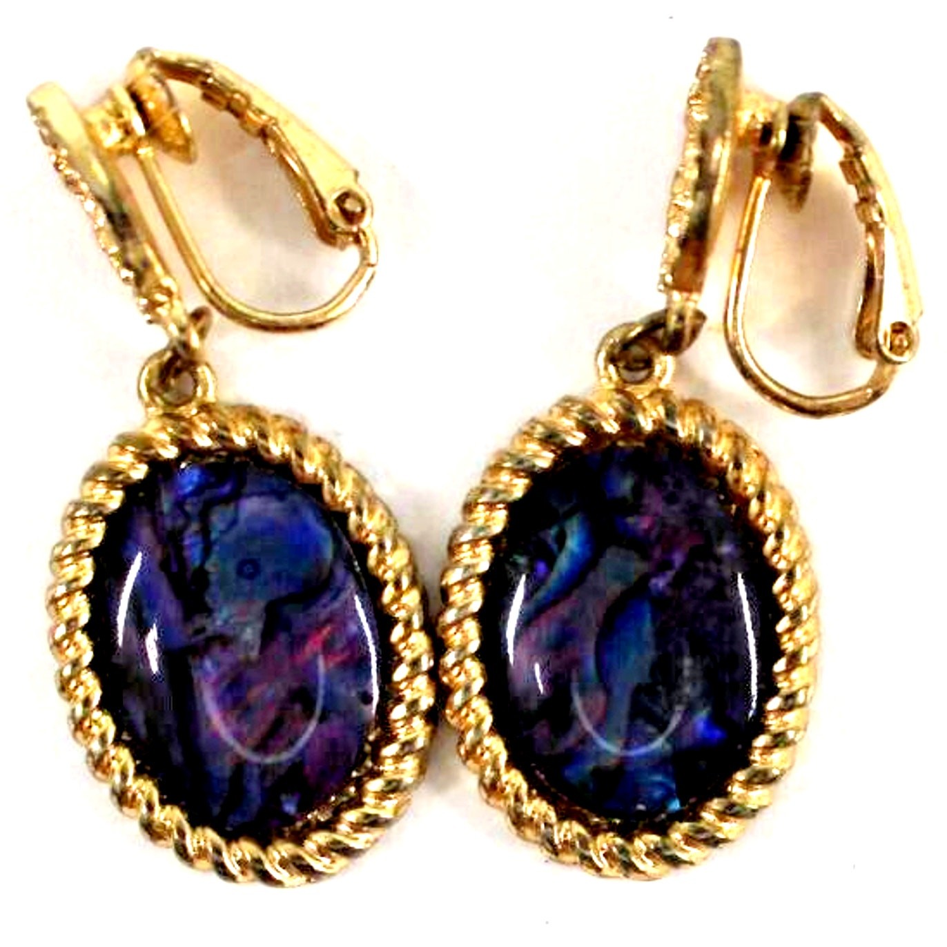 Red Blue Purple Marble Aurora Borealis Earrings • Oval • Goldtone • Clip On