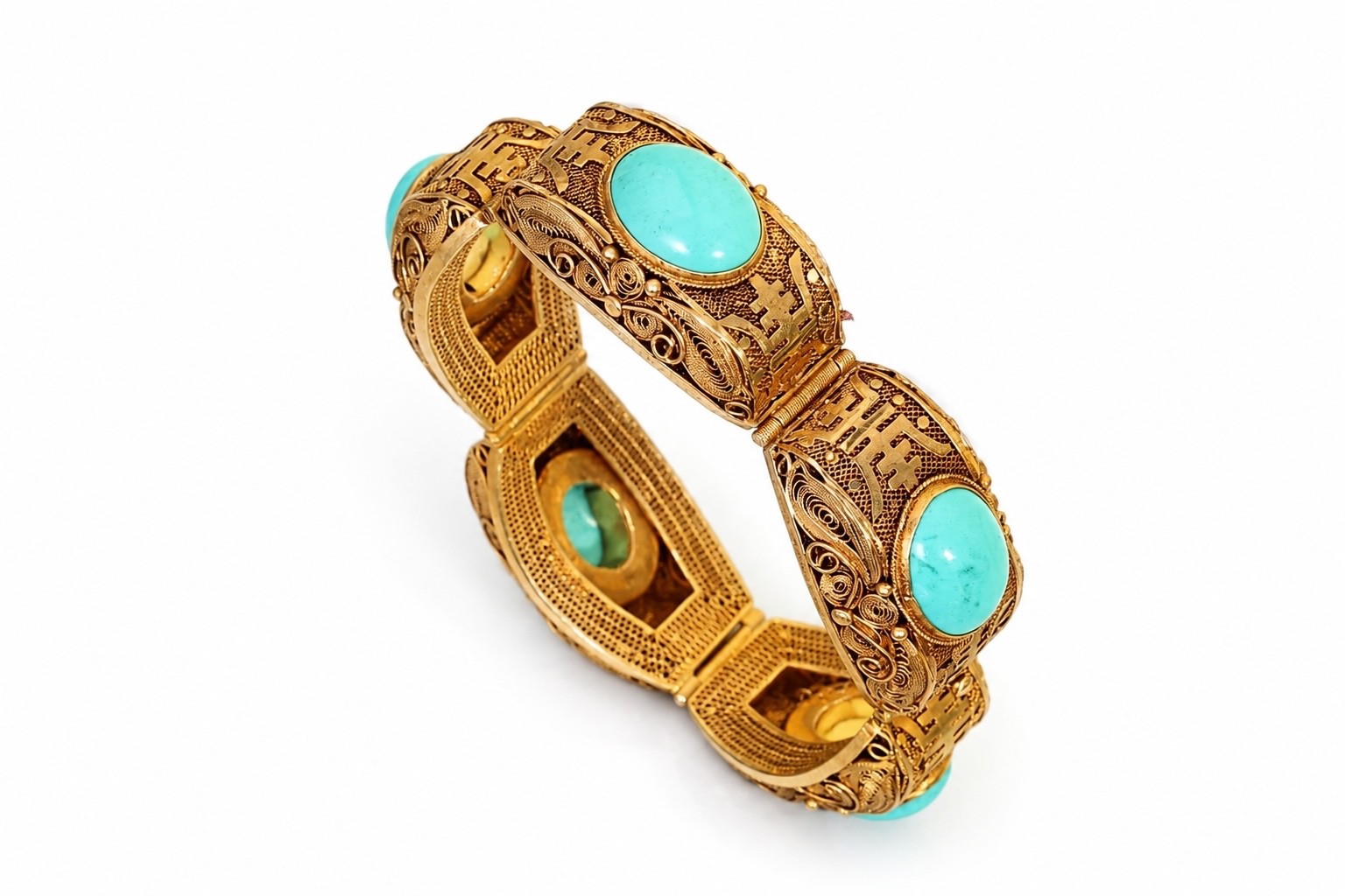 Vintage Chinese Gilt Filigree Silver Turquoise Cabochons Bracelet