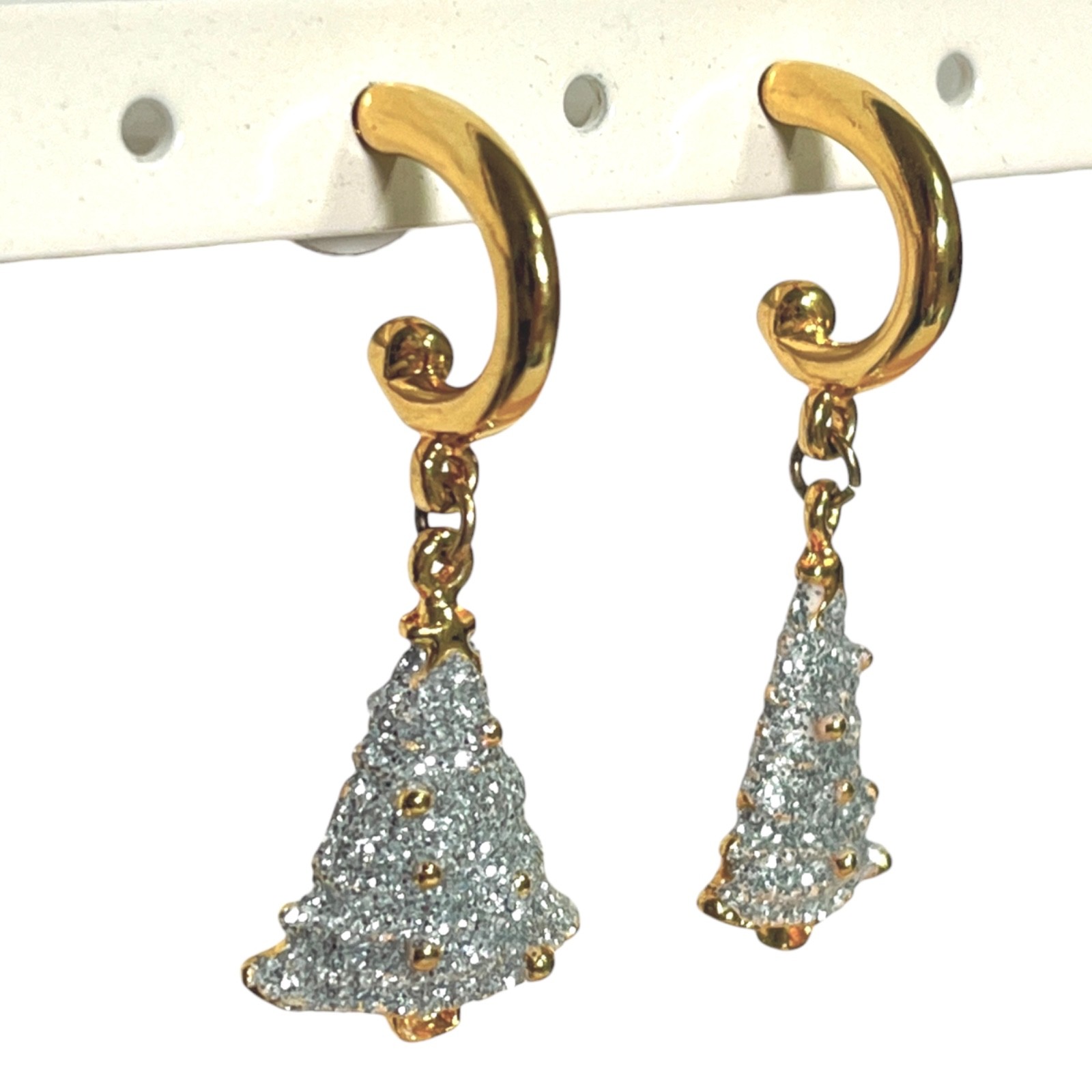 Christmas Tree Dangle Earrings Gold Tone Hoops Silver Tone Glitter Festive Party