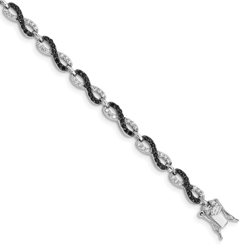 Sterling Silver Rhod-plated 7.5in Black/White CZ Infinity Bracelet Womens
