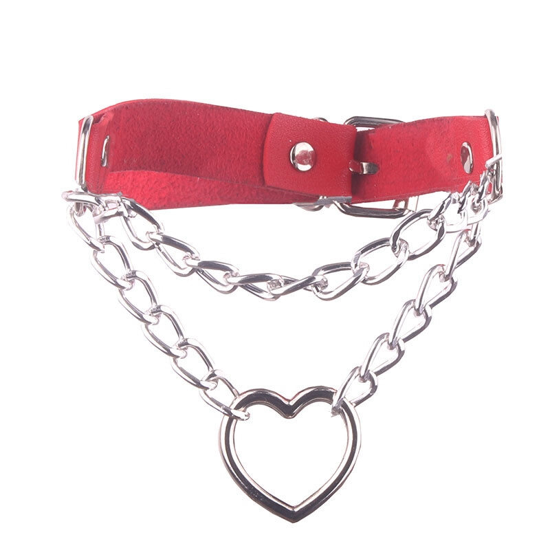 Gothic Punk Leather Chains Choker Collar with Heart Pendant Necklace Neckband
