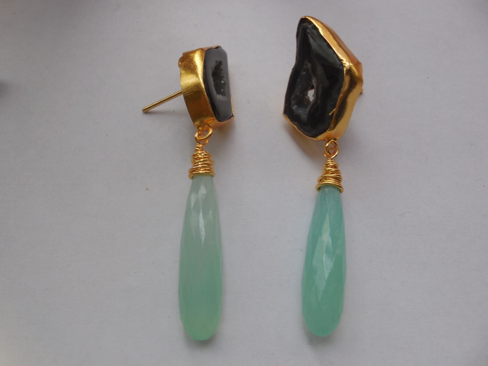 Druzy Chandelier Earrings Elongated Chalcedony Drop Gemstone Gold Plated Jewelry