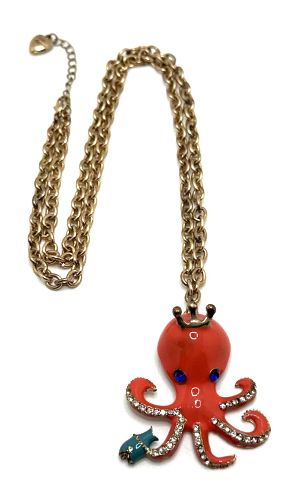 BETSEY JOHNSON Orange Enamel Octopus Pendant Necklace Blue Fish Clear Crystals