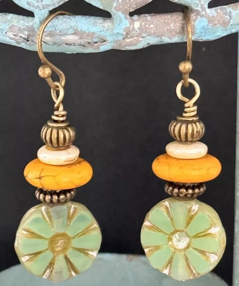 Etched Bronze with Camel and Green Picasso Bead Dangle Earrings. Boho Chic