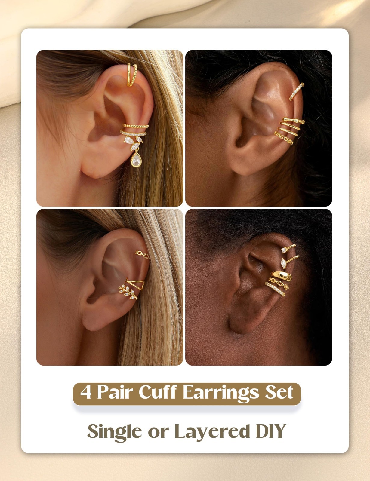 18 Pcs Non-Piercing Ear Cuff Earrings Set – Adjustable 14K Gold Plated Helix Jew