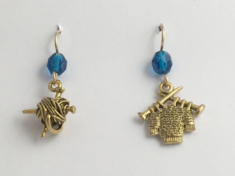 Gold tone Pewter & 14kgf knitting earrings-knit, yarn, sweater, needles,knitter
