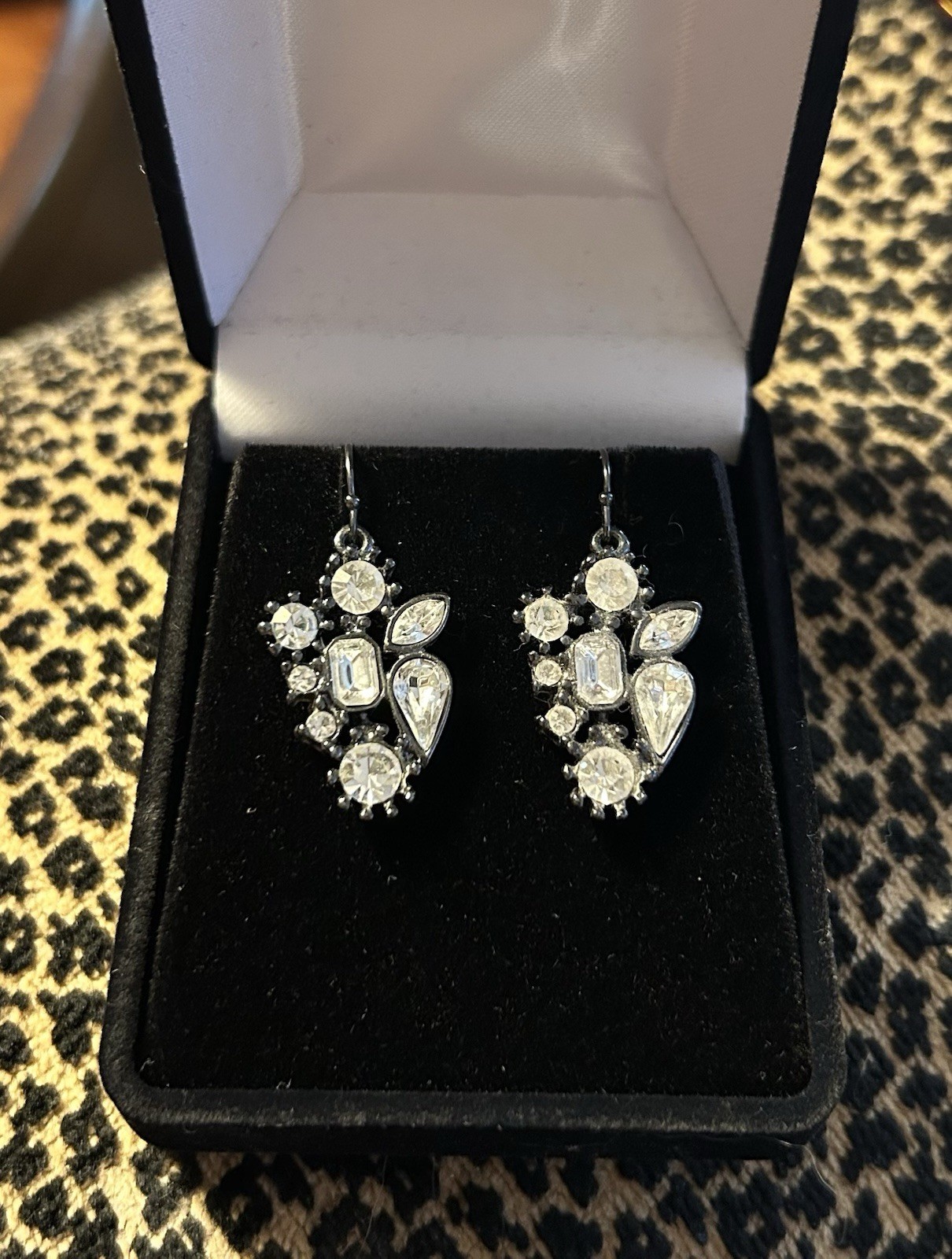 LOFT Silver Plated w/Black Clear Crystal Cluster Dangle/Drop Earrings