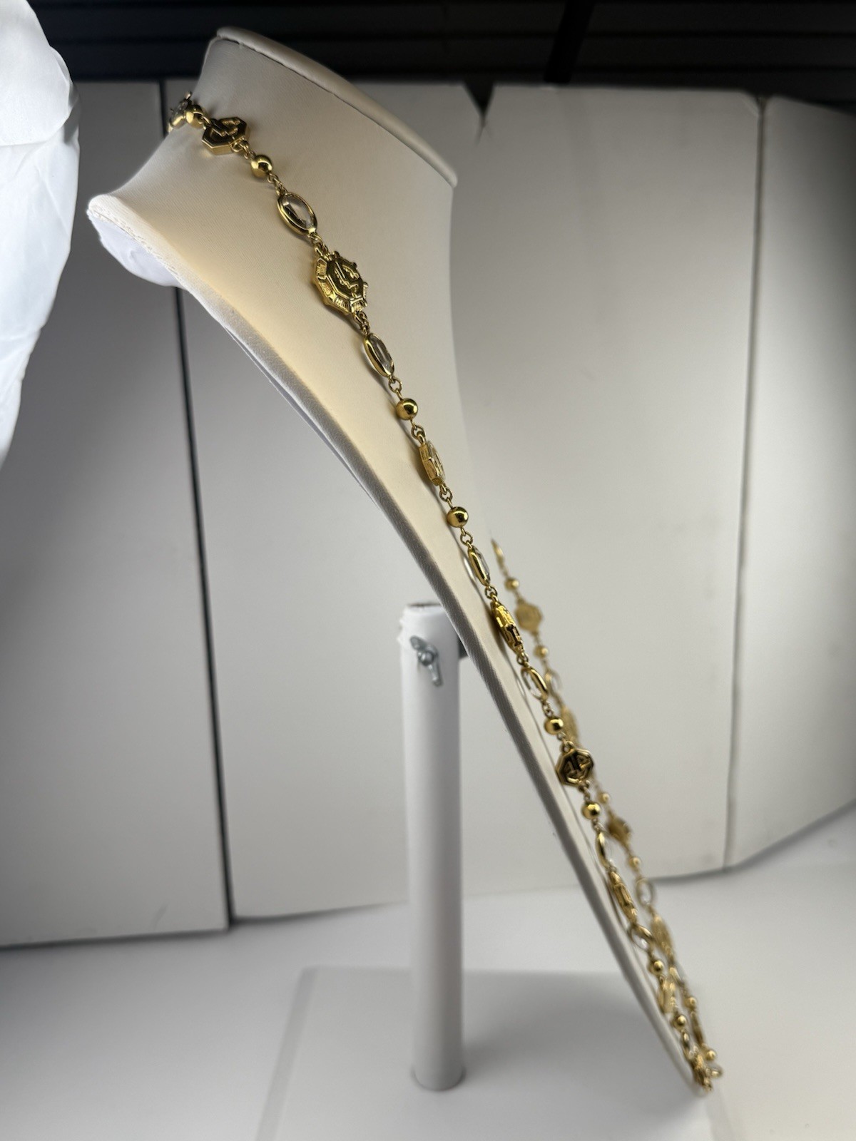 St. John Vintage 38″ Long Gold Tone Logo Necklace Clear Bezel Stations