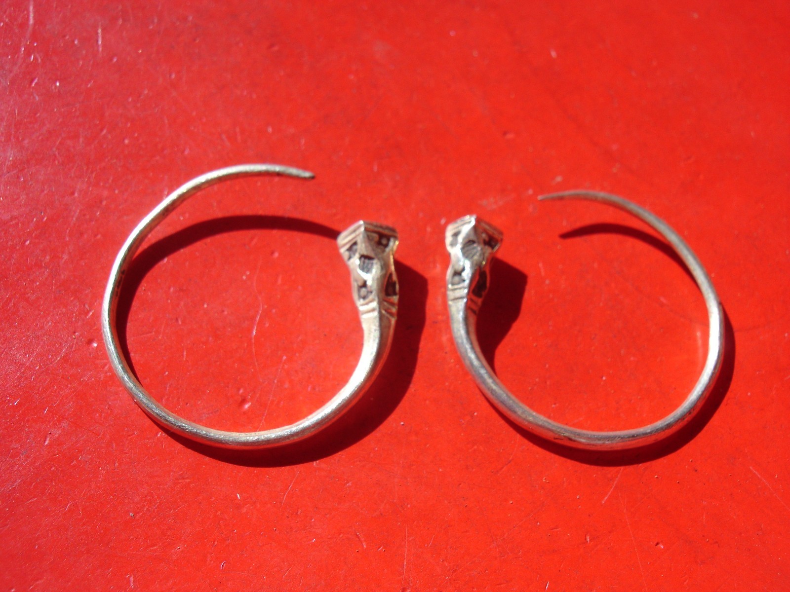 Niger Tuareg hand engraved SILVER PLATE hoop earrings with square ends W24mm