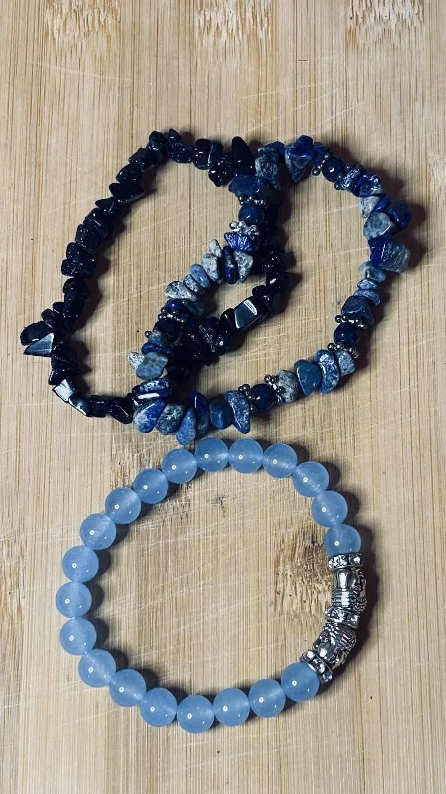 3 Blue Stone Stretch Bracelets Blue Topaz Sodalite Blue Goldstone 7.5-8.5”
