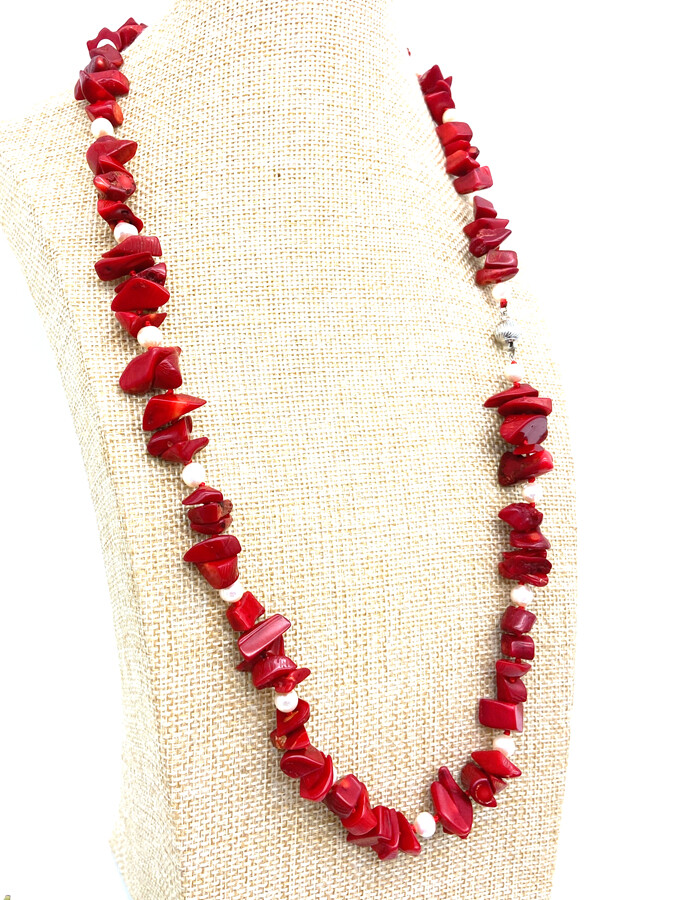 Red Nature Coral Gemstone & white pearl Chips Strand/String Necklaces 16-50“